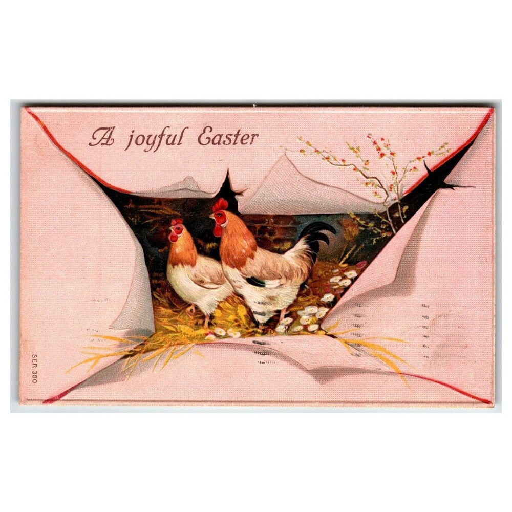 1908 Embossed Easter Postcard Roosters Chicken Nest Eggs "A Joyful Easter"
